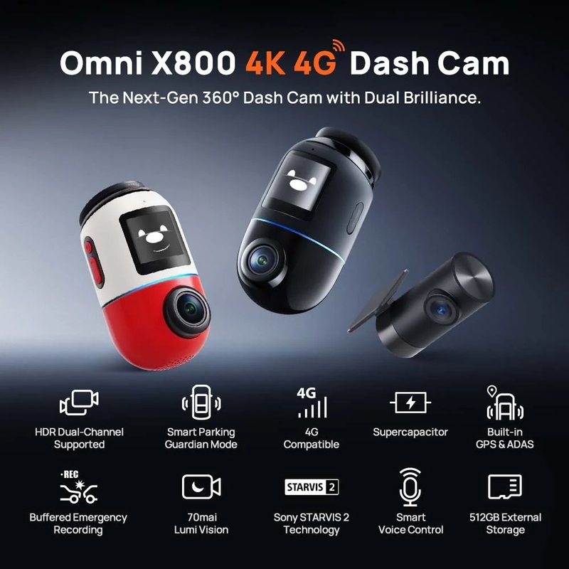 70mai Omni X800-2 4K Dash Cam – 360° Rotating Camera with STARVIS