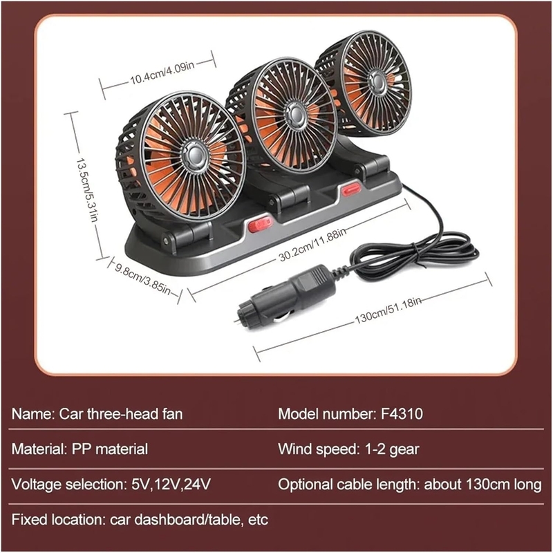 Three Head Vehicle Fan with Dual Speed Control – Adjustable Dashboard ...